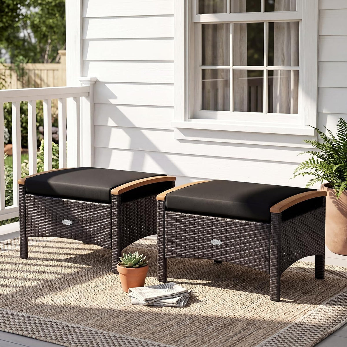 Tangkula 2 Piece Patio Rattan Ottomans