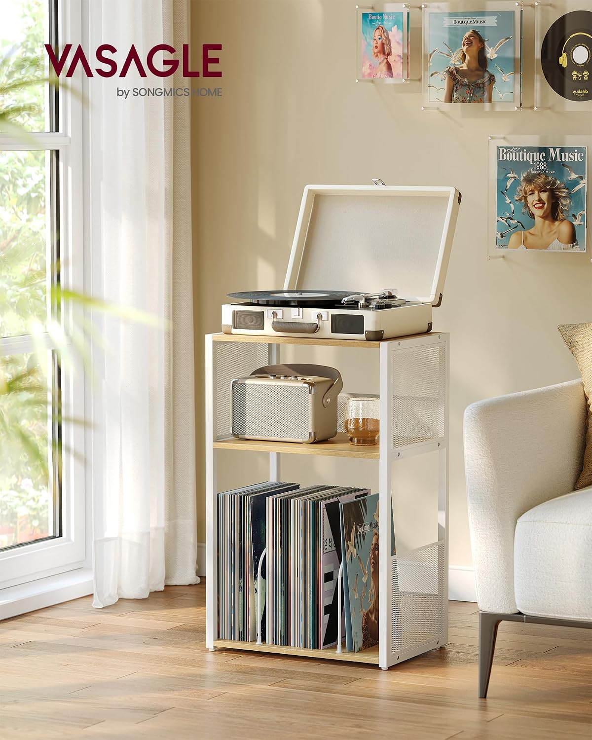 VASAGLE Record Player Stand, End Table with Record Storage up to 100 Albums
