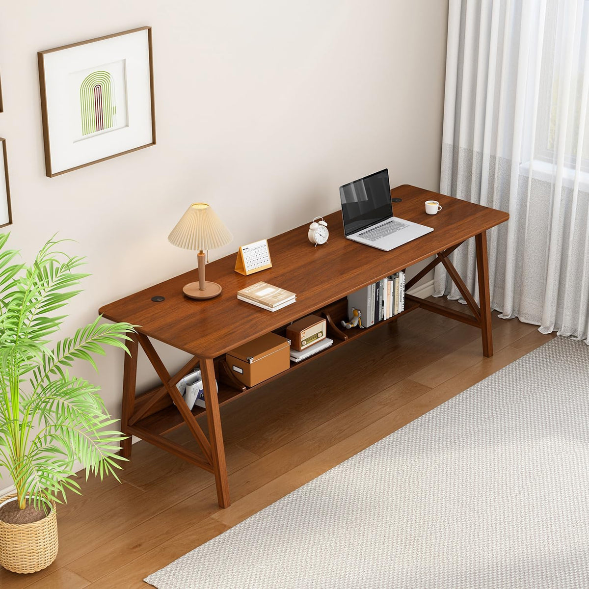 NELYE Extra Long Writing Desk with Bookshelf, 71" Wx24 Dx30 H, Walnut
