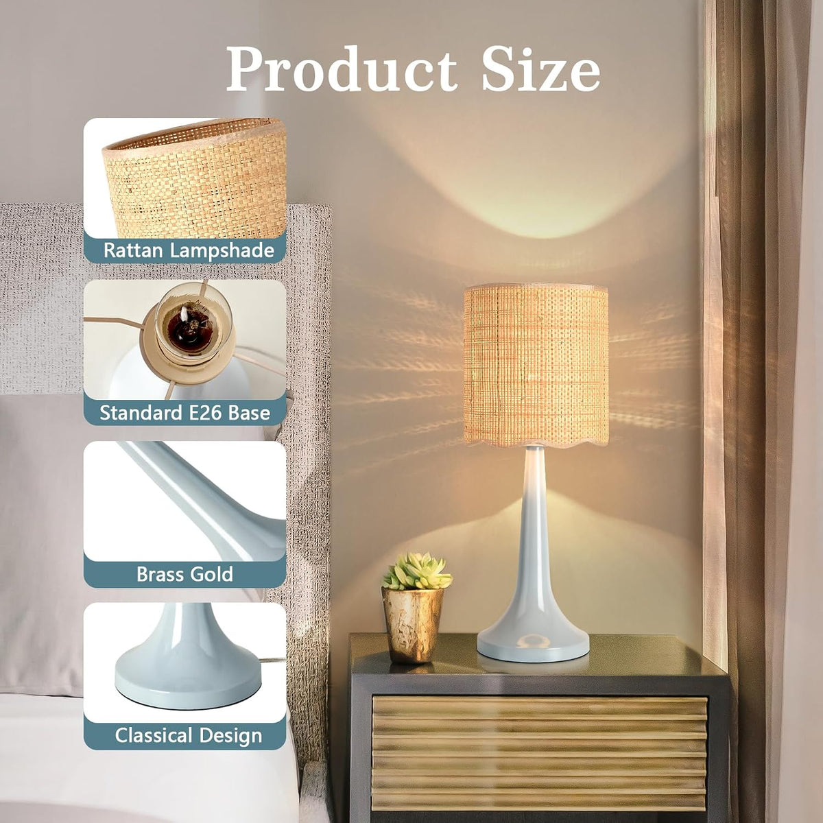 Light Blue Rattan Small Table Lamp for Bedroom, Light Blue Wicker Lamps for B...