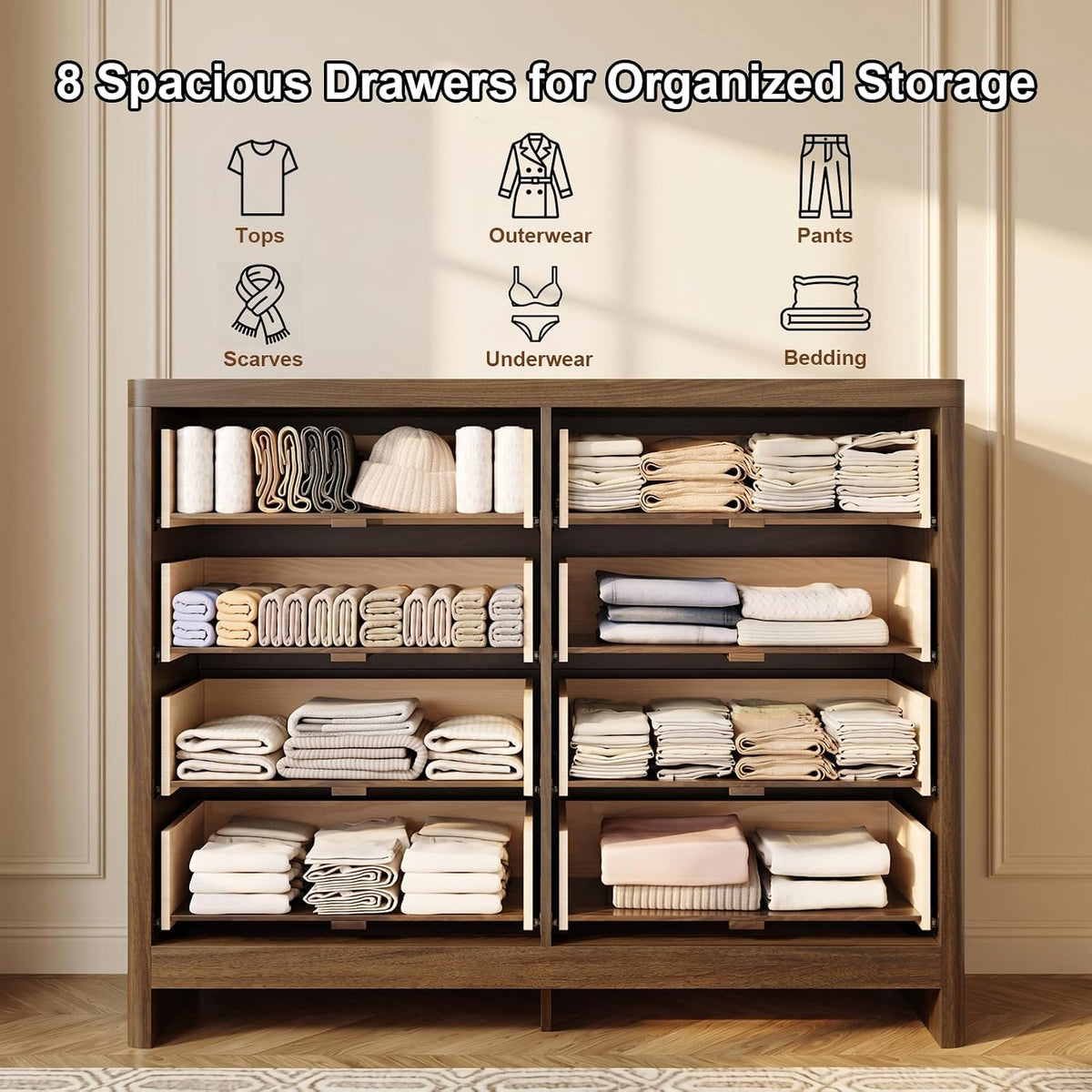 Fluted 8 Drawer Dresser for Bedroom, 47" Wide Modern Chest of Drawers wi...