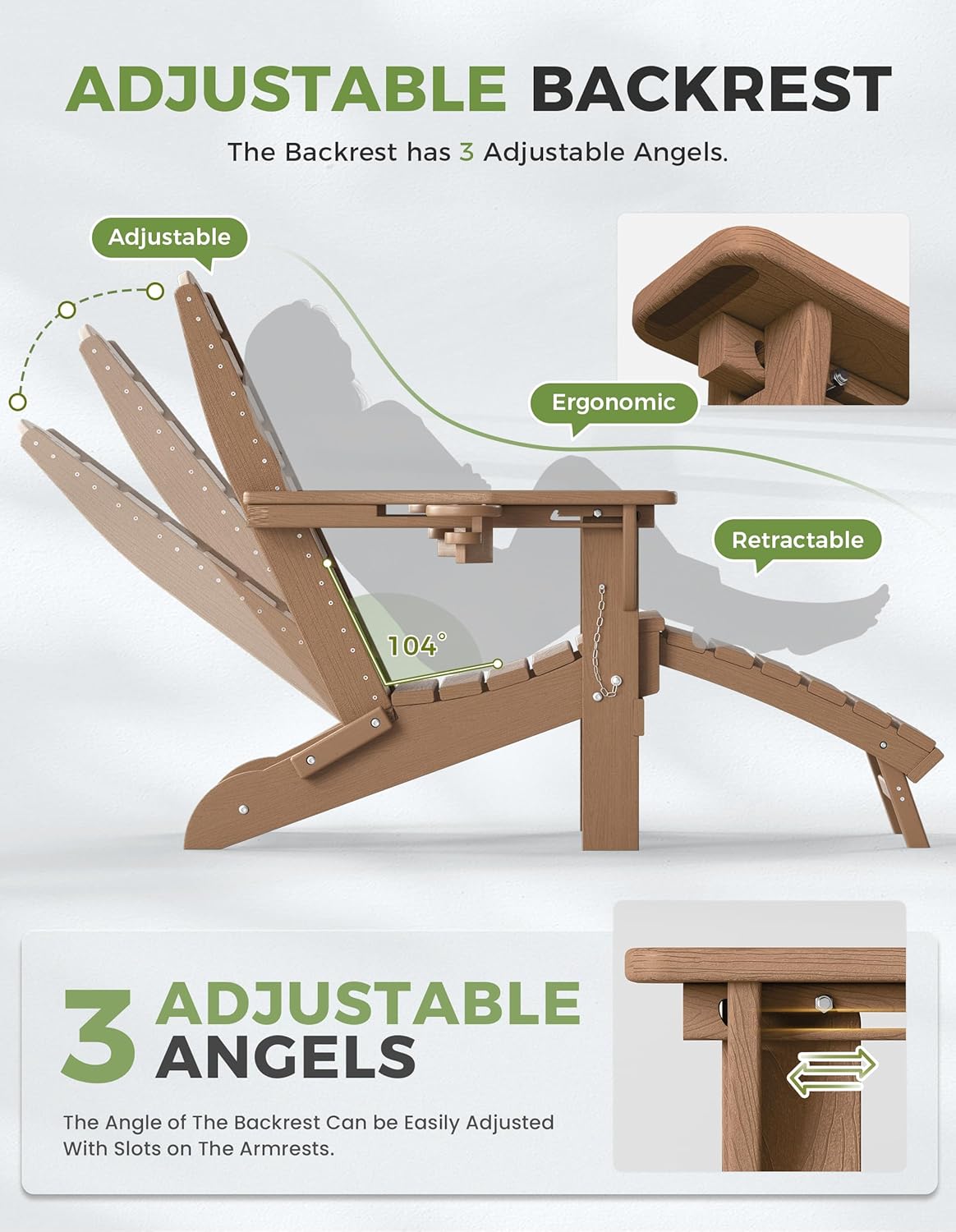 Ciokea HDPE Folding Adirondack Chair with Footrest,Teak,1
