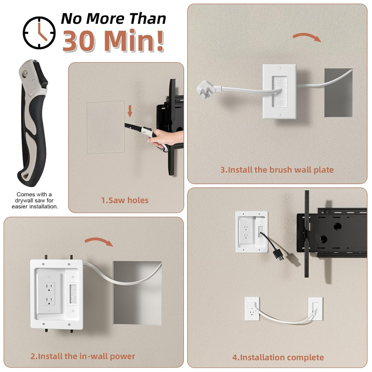 in Wall Cable Management Kit with Brush Wall Plate TV Wire Hider for Wall 2AC...