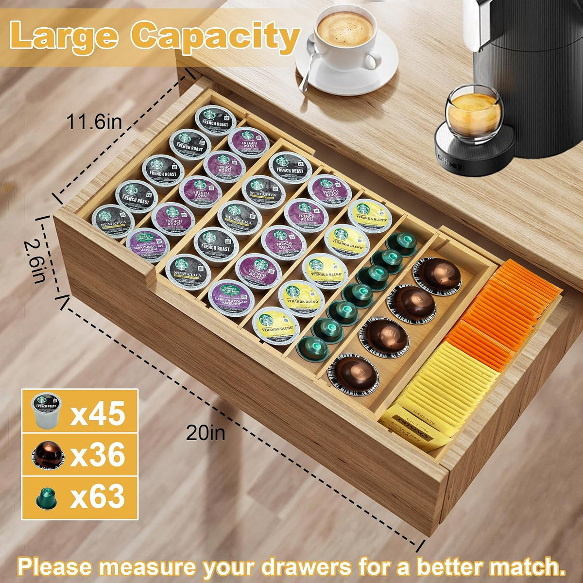 MinBoo Bamboo K Cup Holder for Drawer or Countertop Coffee Pod Holder Expanda...