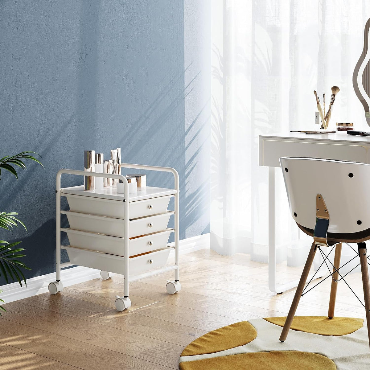 4-Tier Utility Cart with 4 Drawers, Rolling Utility Cart with 2 Lockable Cast...