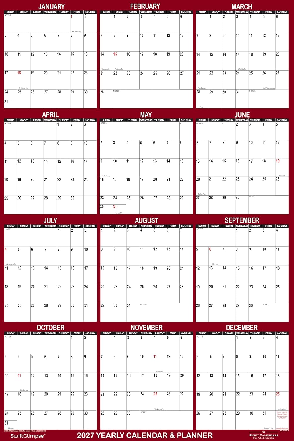 32" x 48" SwiftGlimpse 2027 Wall Calendar Erasable Large Wet & ...