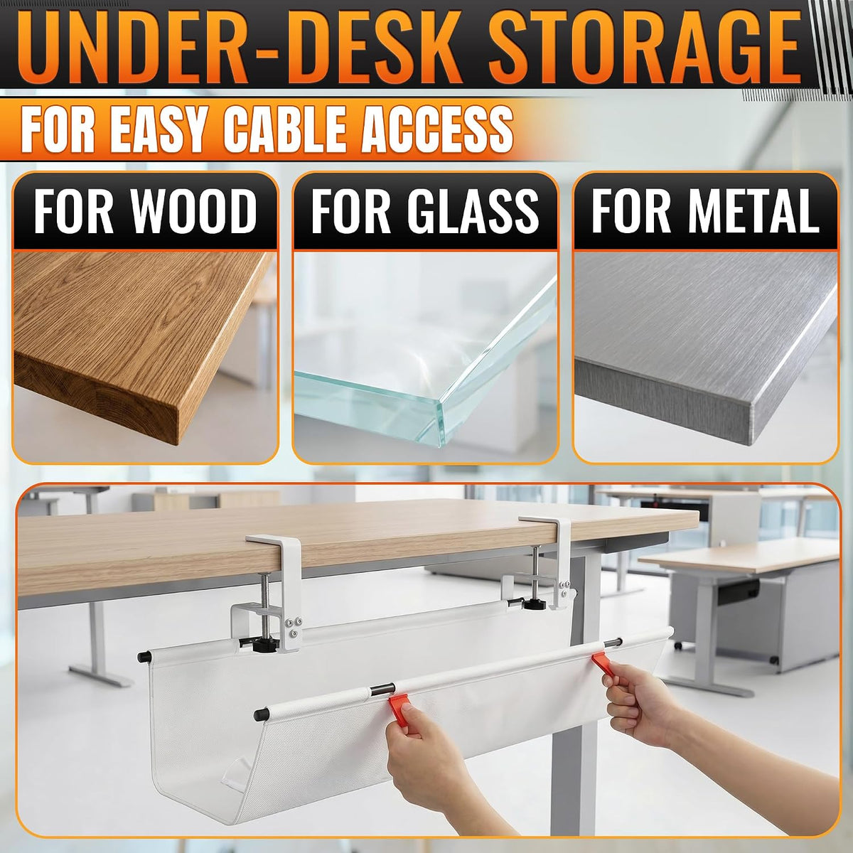 Under Desk Cable Management Tray 28" — No Drill Clamp-On Cord Organizer ...