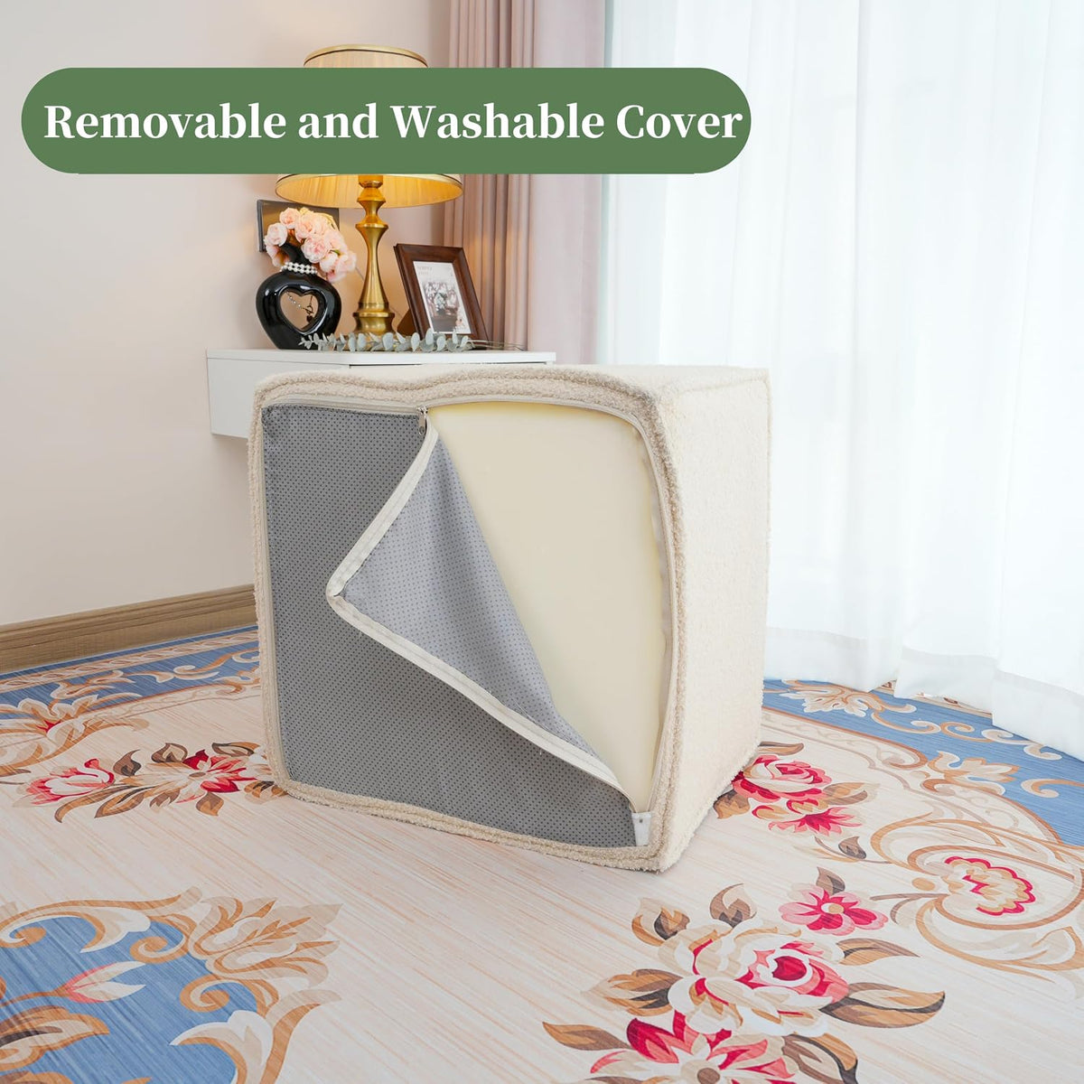 Square Ottoman Foot Rest,Small Pouf for Couch - Boucle Upholstered Foot Stool...