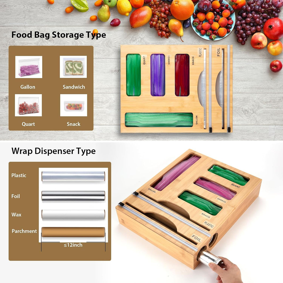 Storage Bag Organizer with Foil and Plastic Wrap Organizer , Aluminum Foil Di...