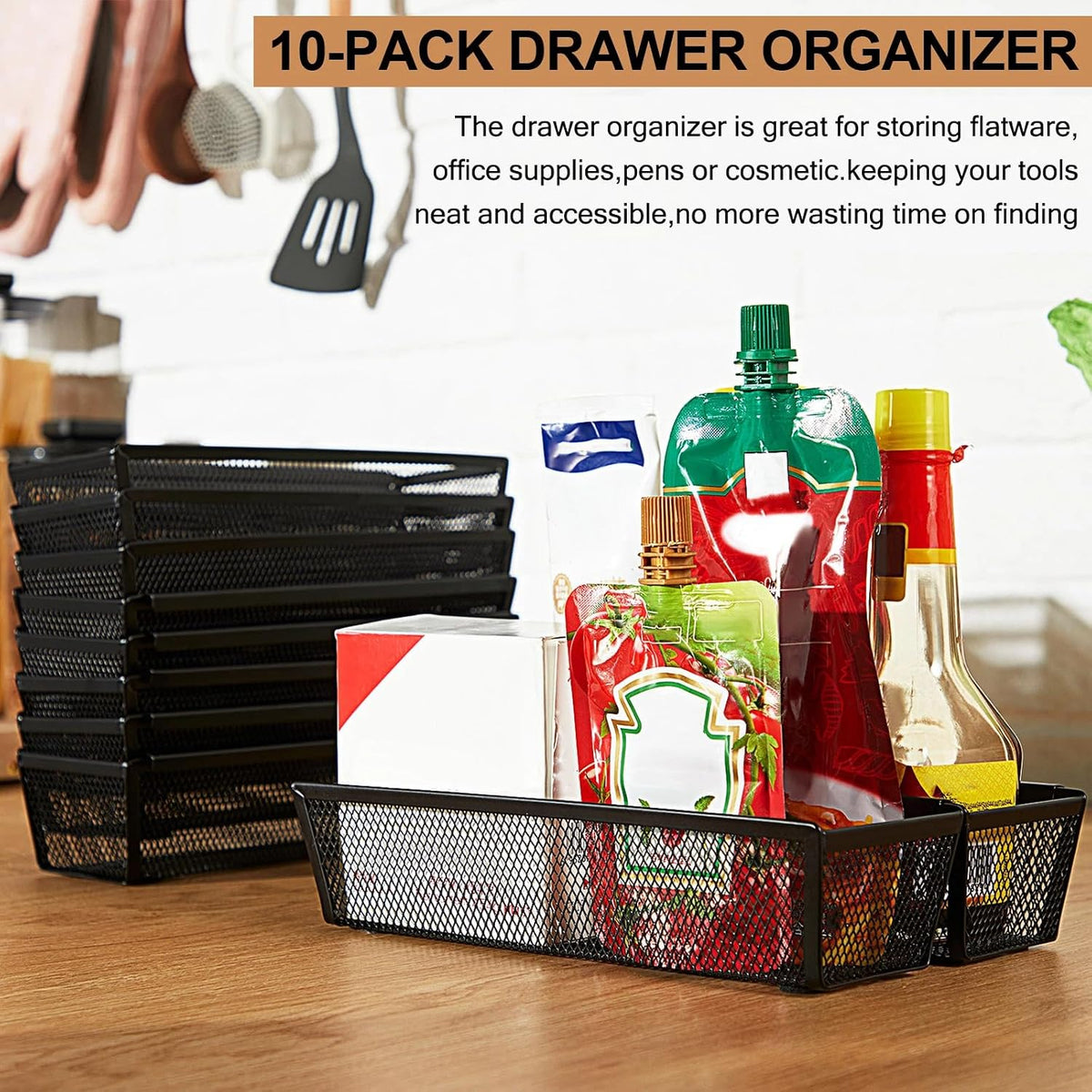 Chumia 10 Pack Silverware Drawer Organizer, 9 x 3 x 2 Inch, Black