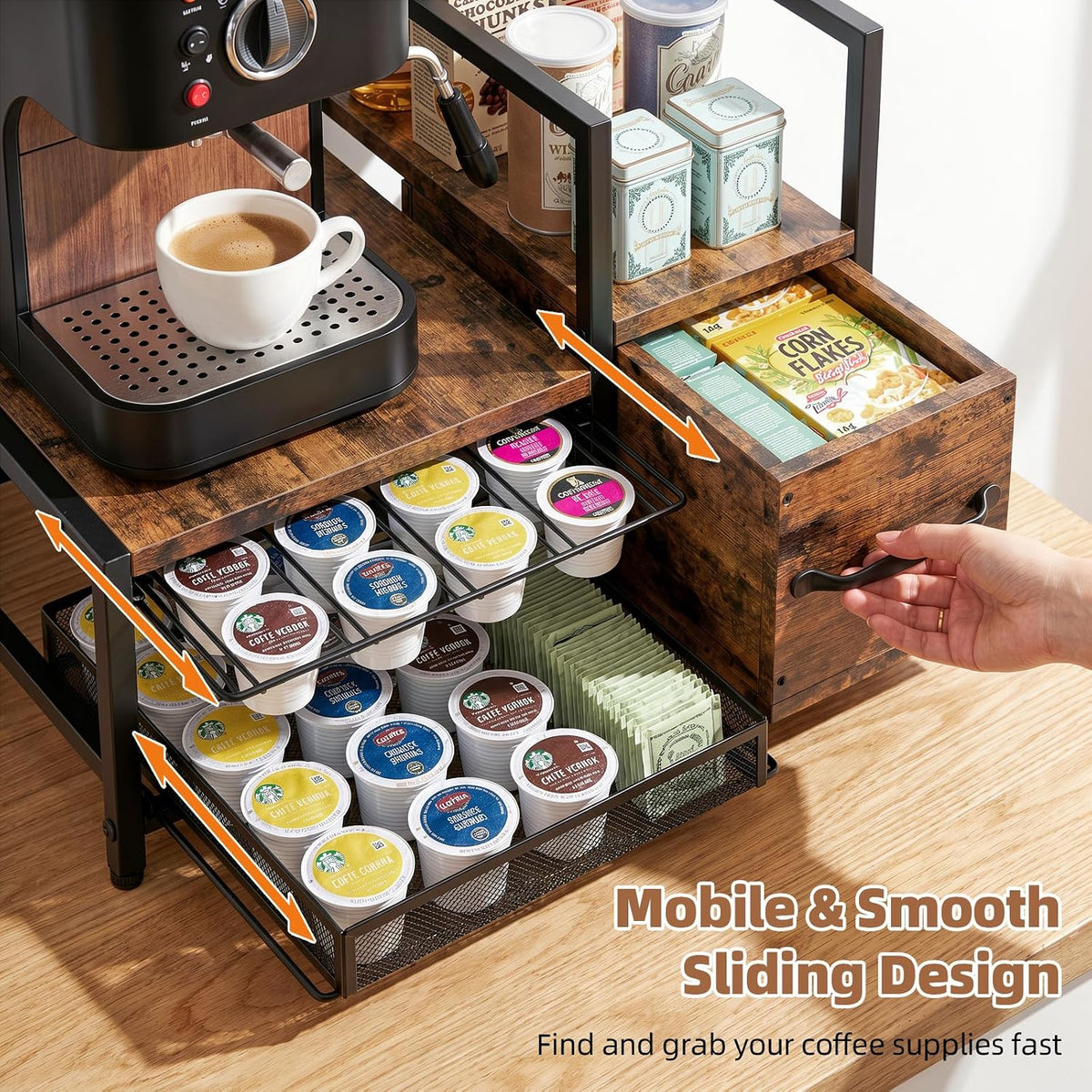 Coffee Bar Organizer For Countertop, with Sliding Storage Drawer