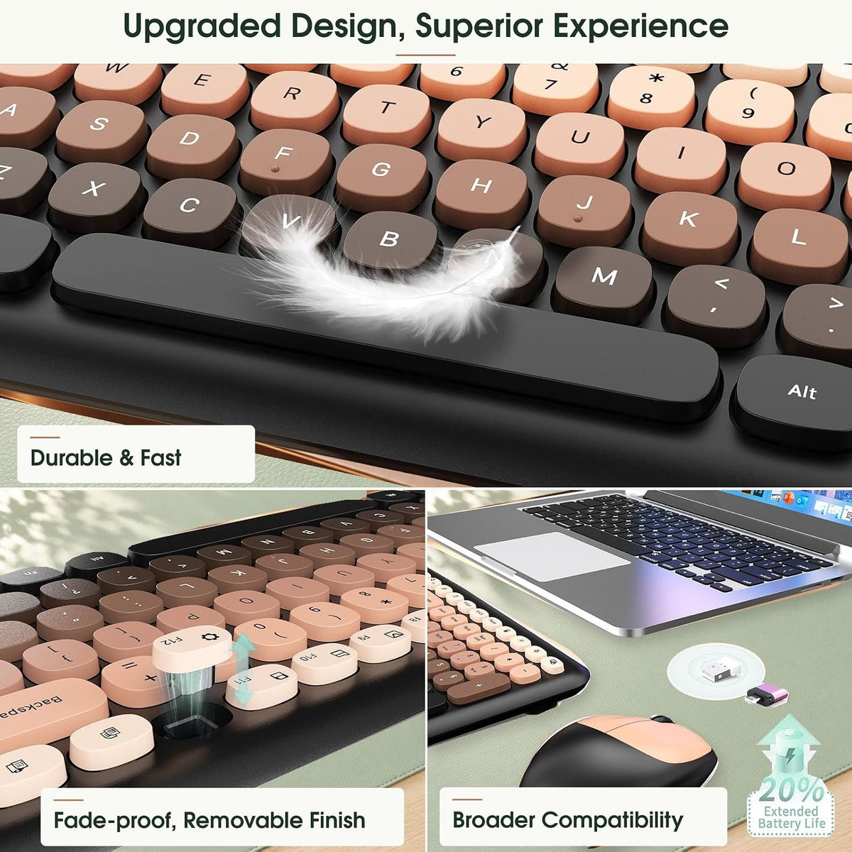 Wireless Keyboard and Mouse Combo, Colorful Ergonomic Full Size Retro Low-Noi...