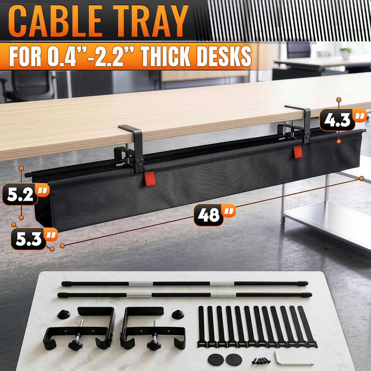 Under Desk Cable Management Tray 48" — No Drill Clamp-On Cord Organizer ...