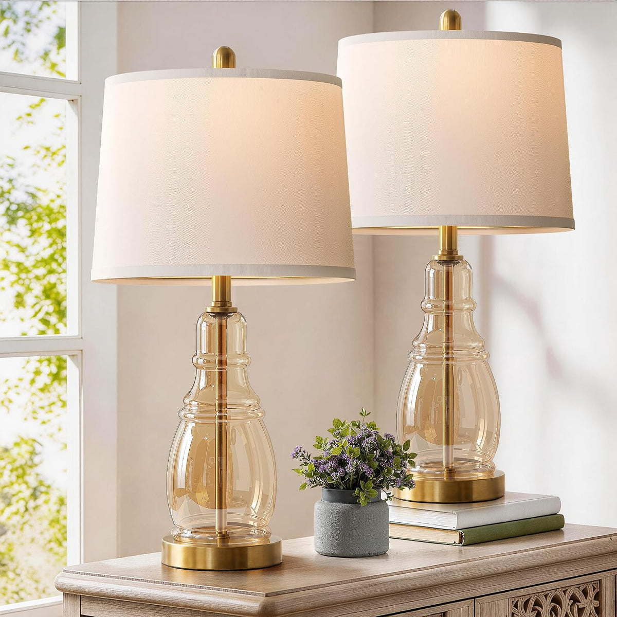 ROTTOGOON Glass Table Lamp Set of 2, Modern Table Lamps for Living Room Bedro...