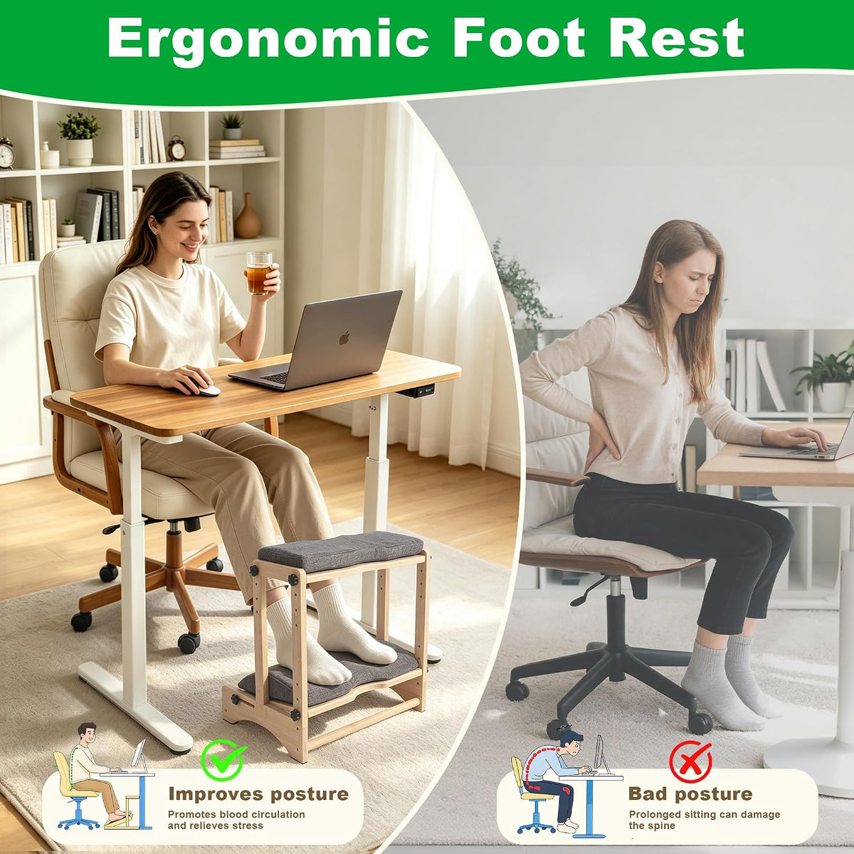 Foot Rest for Under Desk, Two-Tier Bamboo Foot Stool with Soft Cushions
