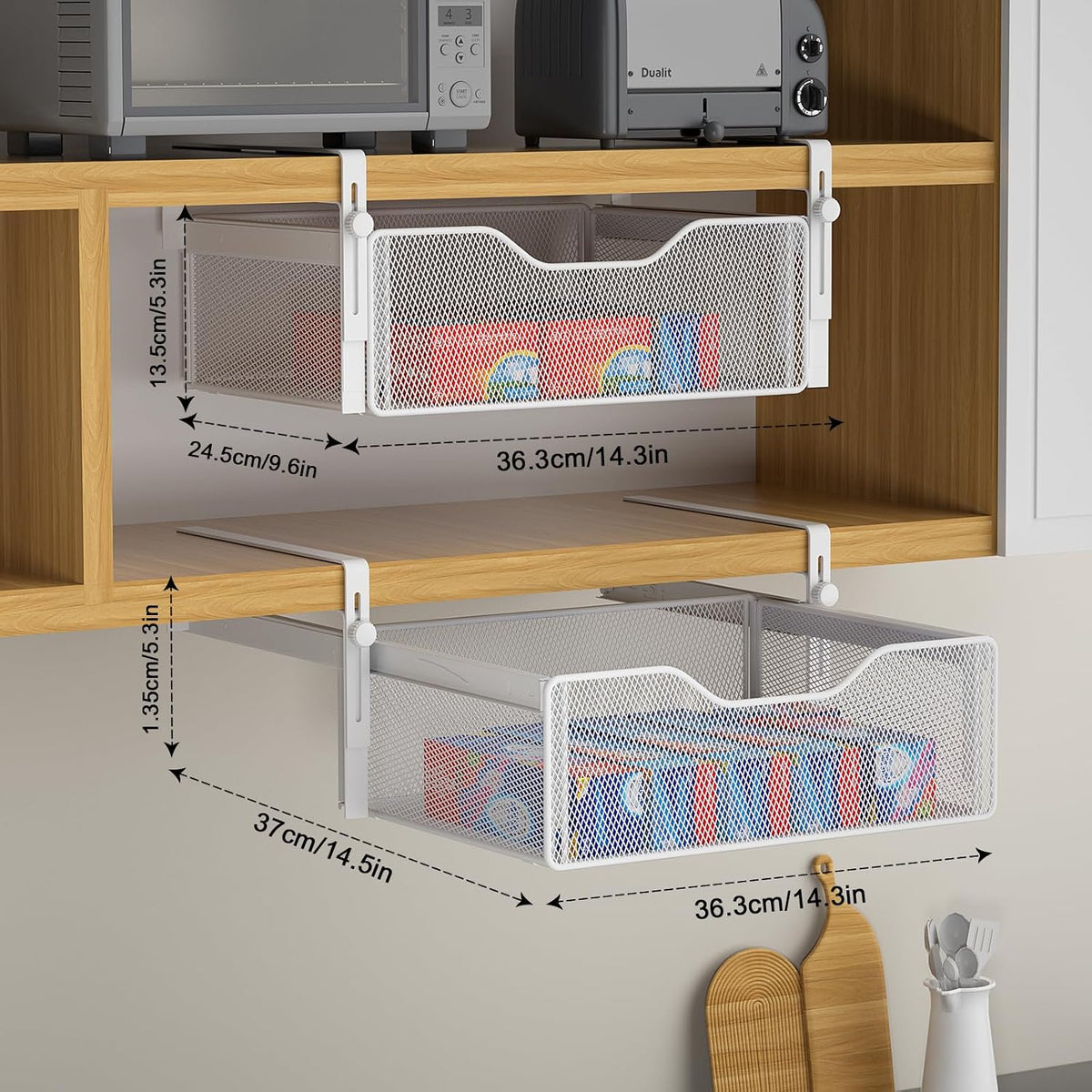 AmonHouseware 2Pack Under Shelf Basket Storage,Adjustable Hanging Arm,White