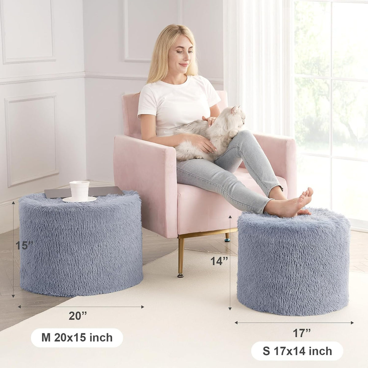 Hansleep Round Pouf Ottoman Foot Rest, Footstool, 17 x 14 Inch, Grey