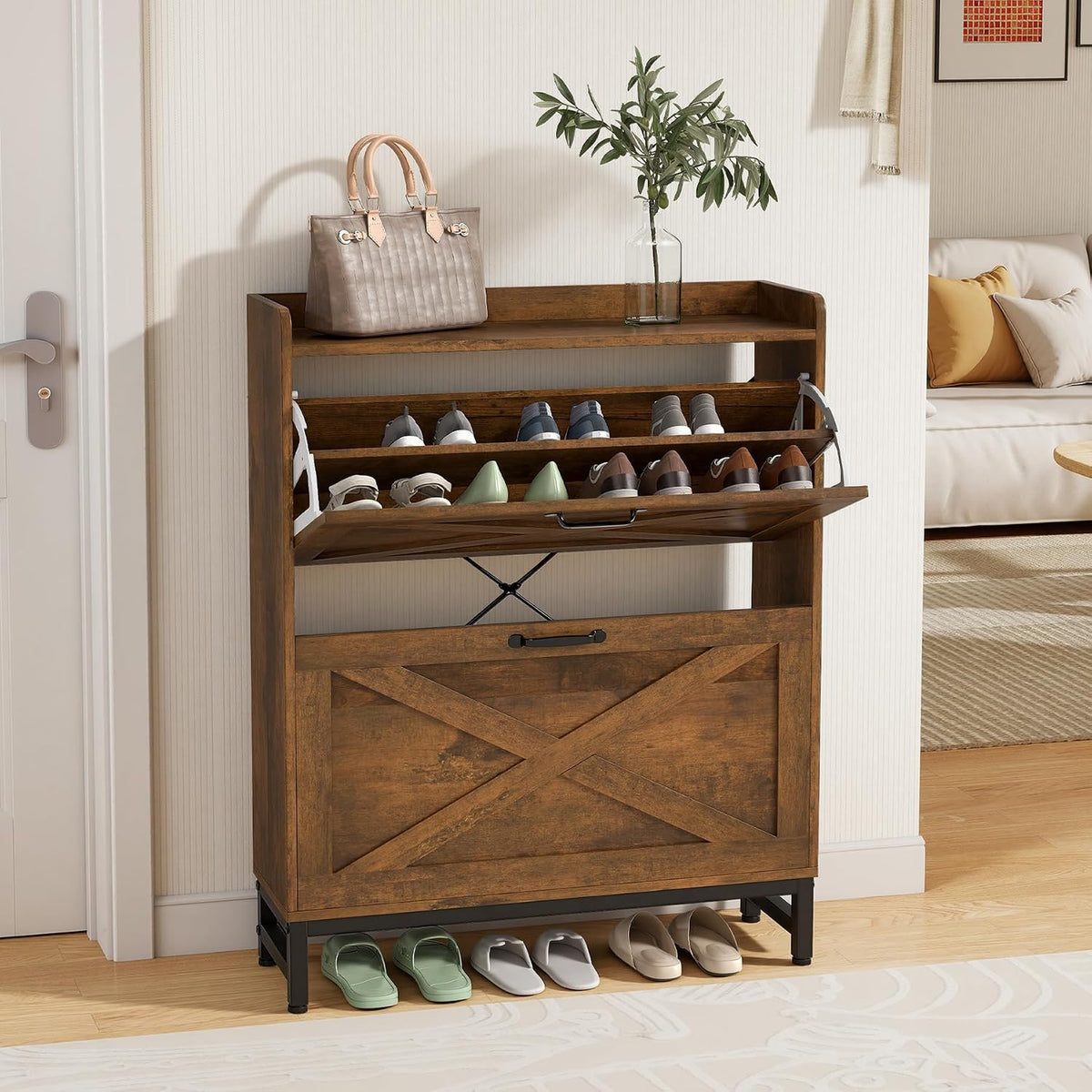 Miereirl Rustic Farmhouse Shoe Cabinet with 2 Flip Drawers, Narrow Entryway S...