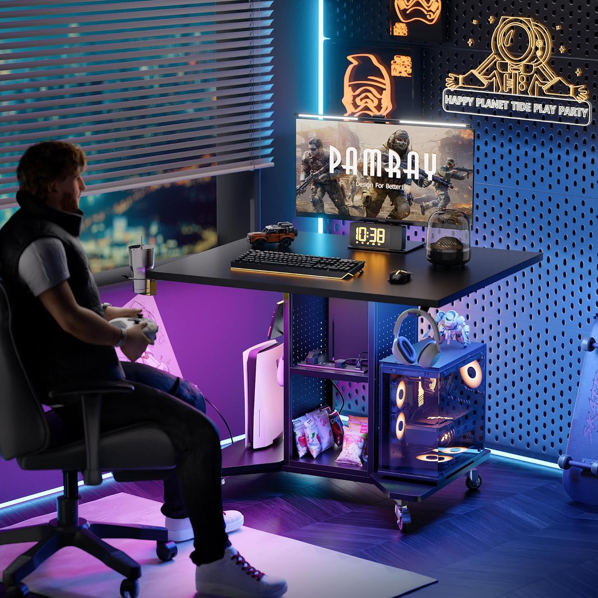 Pamray Small Gaming Desk Rolling Computer Table Balck