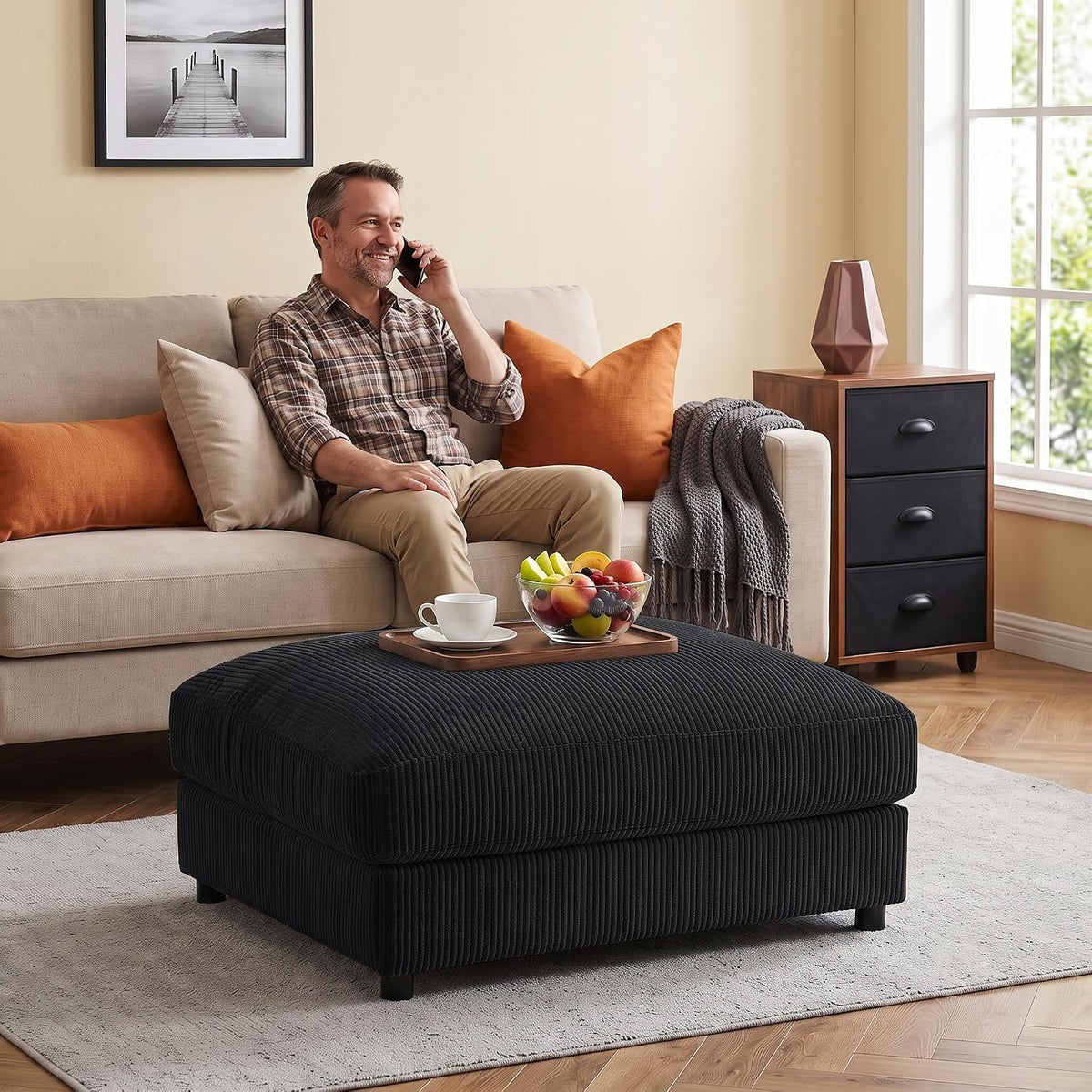 Mofolit 40" Corduroy Ottoman Oversized Upholstered Footrest (Black)