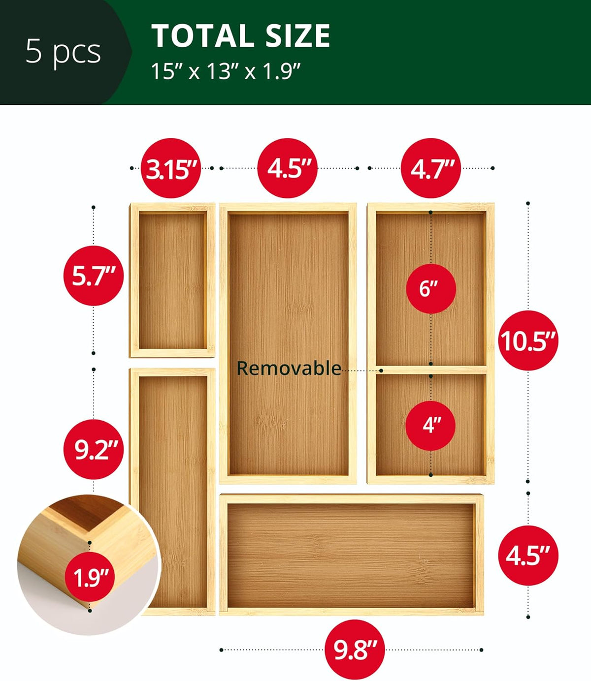 ROYAL CRAFT WOOD 5-Piece Bamboo Drawer Organizer Set – Multi-Use Storage Tray...