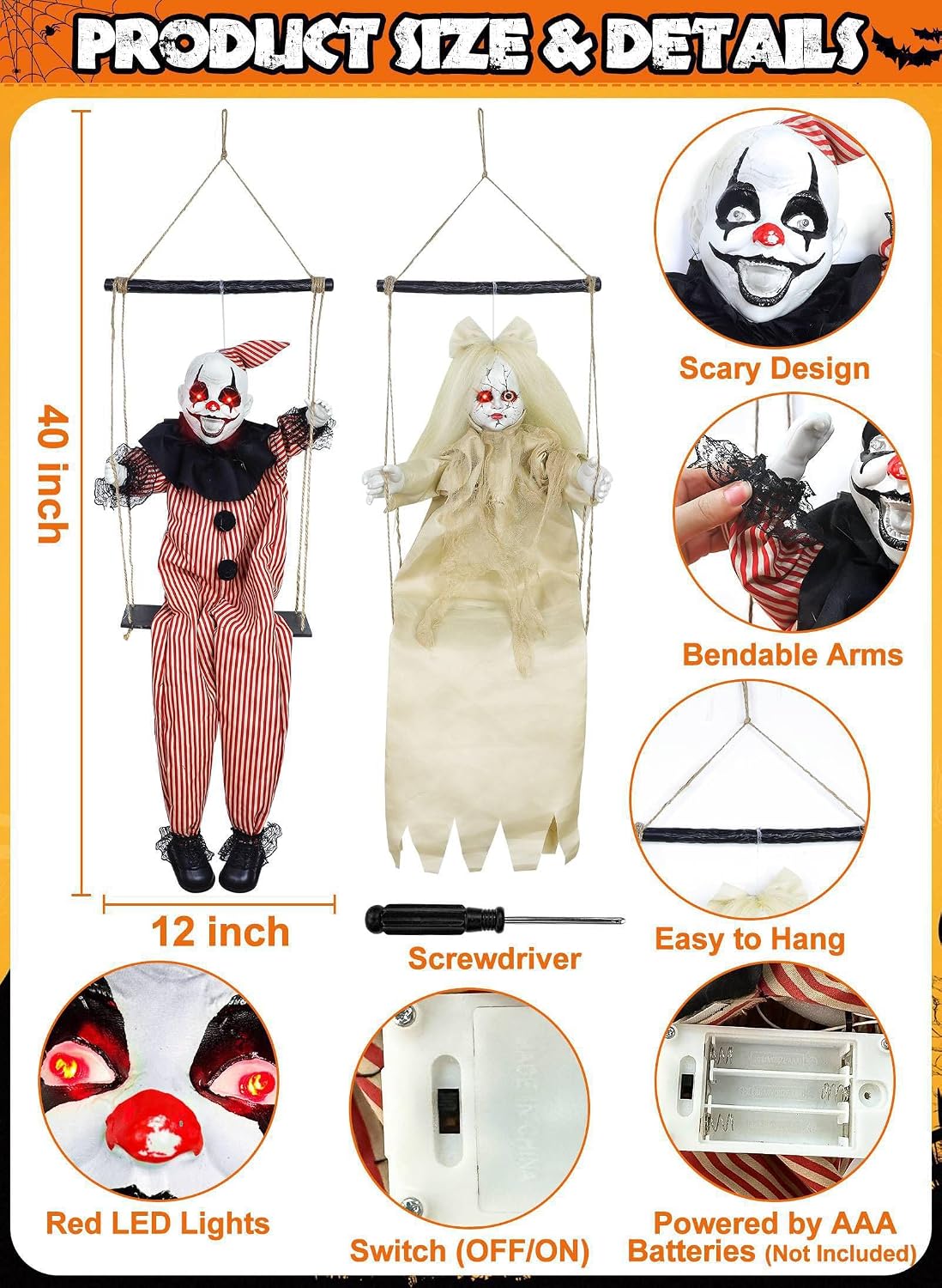 2 Pack Hanging Halloween Decorations Outdoor Swinging Clown & Girl Ghost