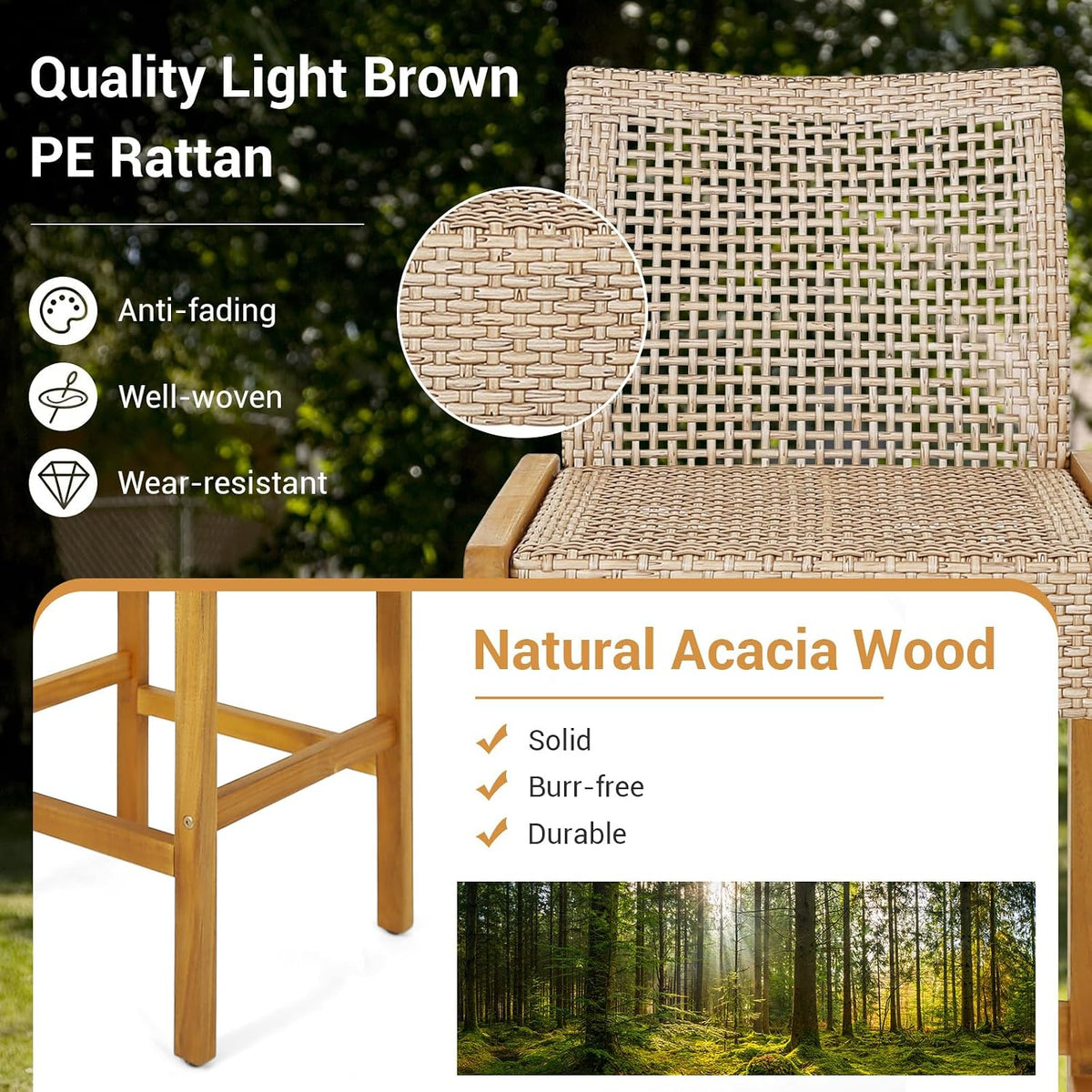 HAPPYGRILL Wicker Bar Stools Set of 2, Patio Chairs with Solid Wood Frame, Er...