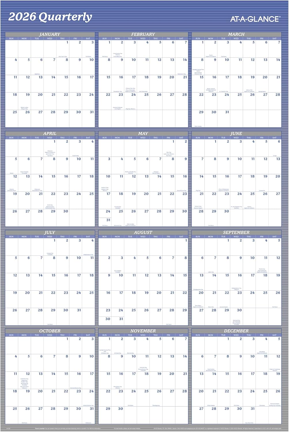 AT-A-GLANCE 2026 Wall Calendar, Dry Erase Wall Planner, Monthly, 48" x 3...