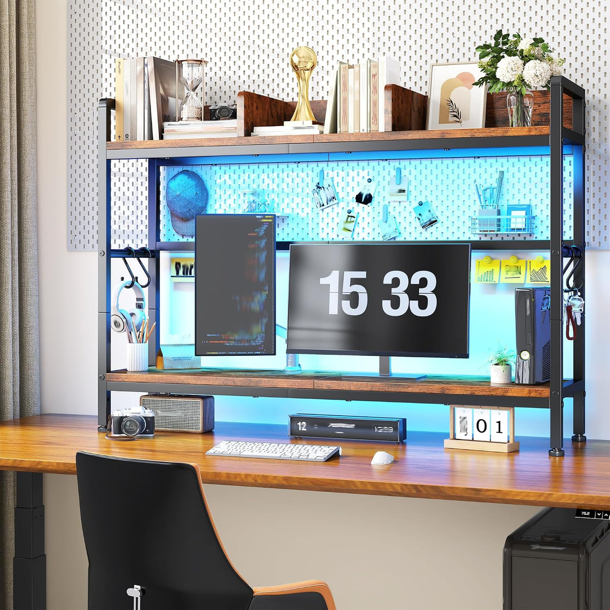 REIBII 2-Tier Desk Shelf, LED, Bedroom and Home Office, Rustic Brown