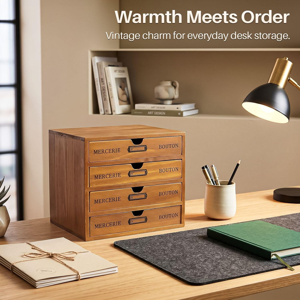 Flexzion Wooden Storage Box with 4 Drawers, Vintage Desktop Organizer