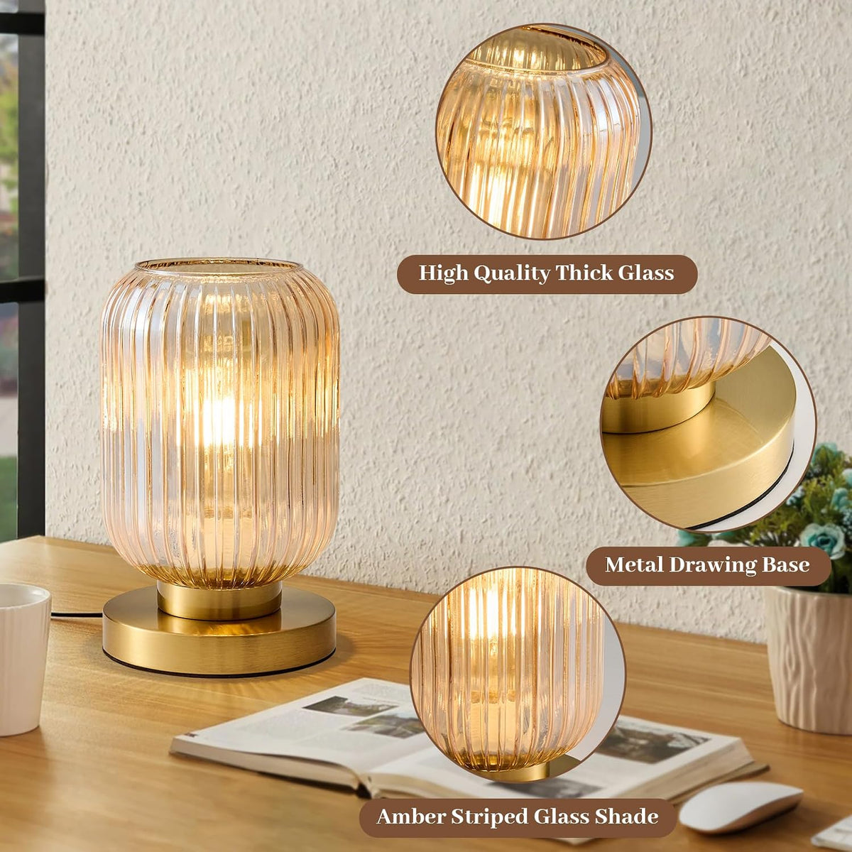 Amber Glass Table Lamp,Vintage Gold Base Ribbed Bedside Lamp