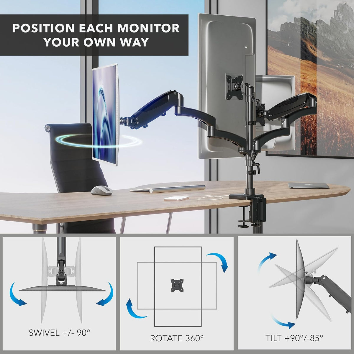 Mount-It! Triple Monitor Desk Stand, USB-A & C, Black
