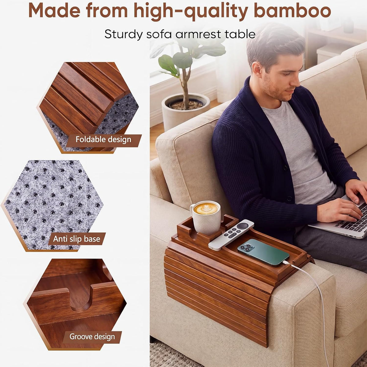 Acacia Wood Couch Arm Tray with Cup Holder, Sofa Armrest Table