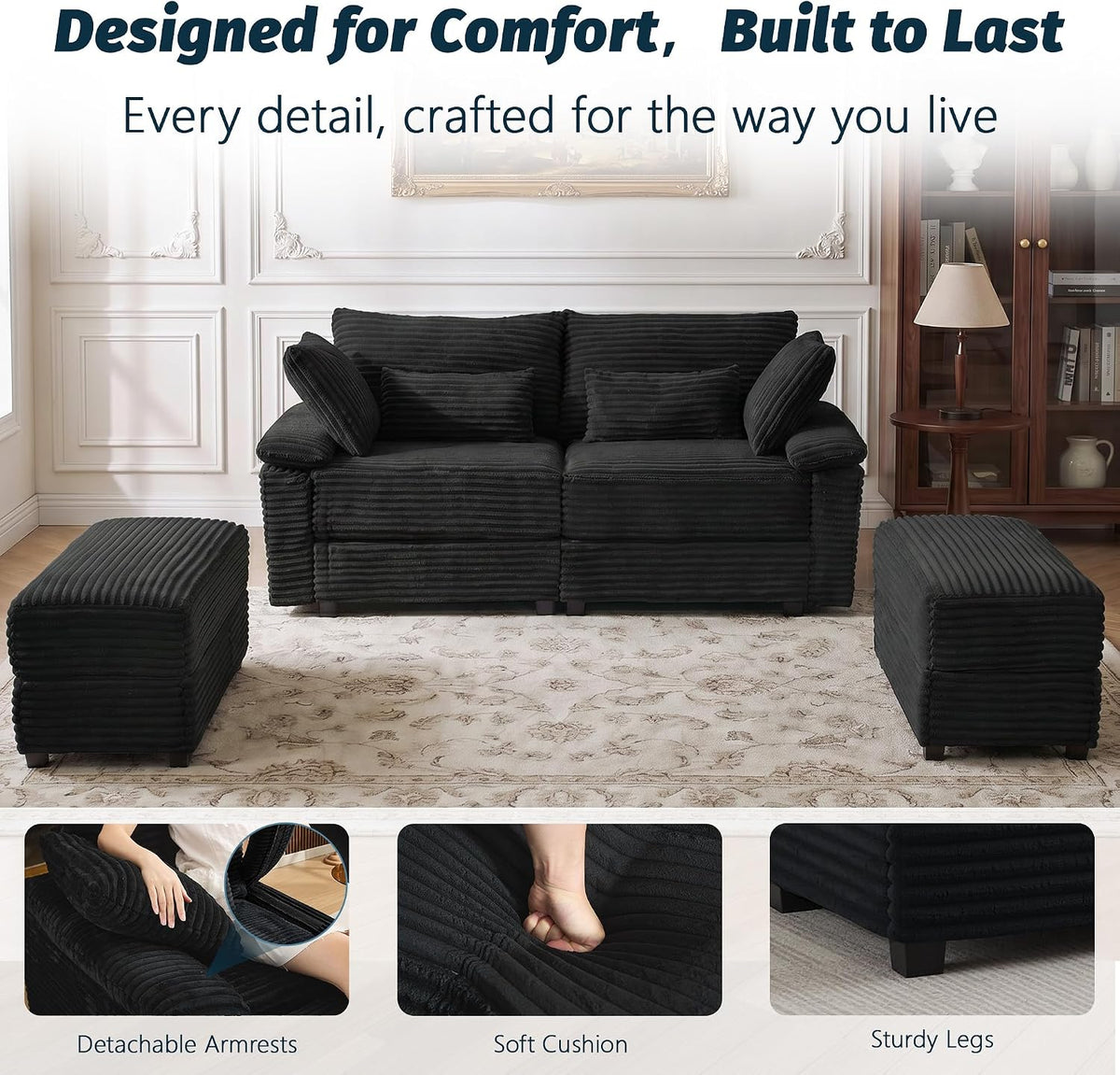 75" Corduroy Loveseat Sofa with 2 Storage Ottoman, USB Charging, Black