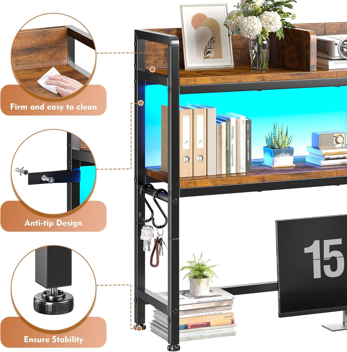 REIBII 2-Tier Desk Shelf, LED, Bedroom and Home Office, Rustic Brown