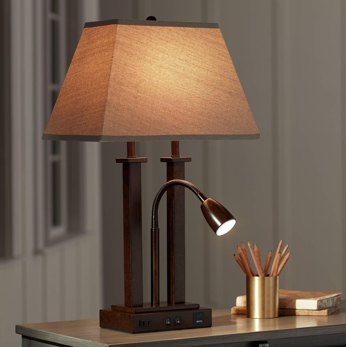 Deacon 26" Tall Desk Lamp Gooseneck USB and Outlet Bronze Brown LED Modern
