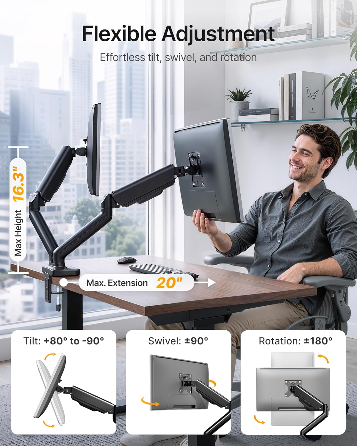 monTEK Dual Monitor Arm for 17-32" Flat/Curved Screen up to 19.8 lbs