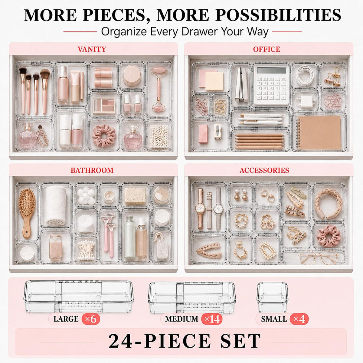 24 Pcs Clear Adjustable Drawer Organizer, 3-Size Expandable Desk Drawer Organ...