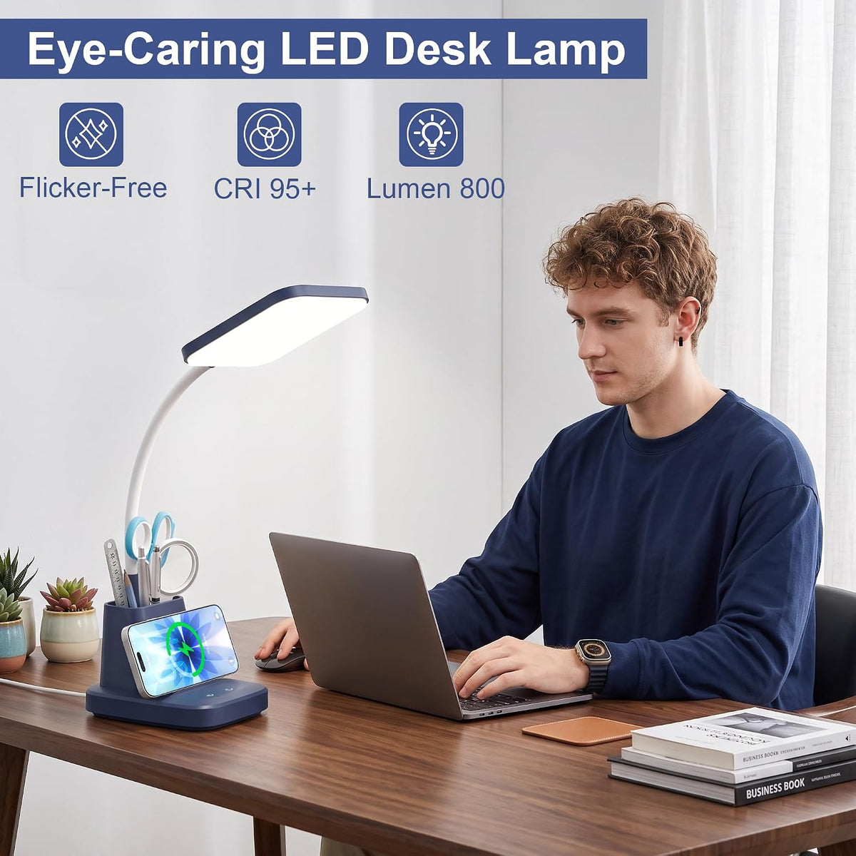 LED Desk Lamp with 10W Wireless Charging & Pen Holder, Navy Blue