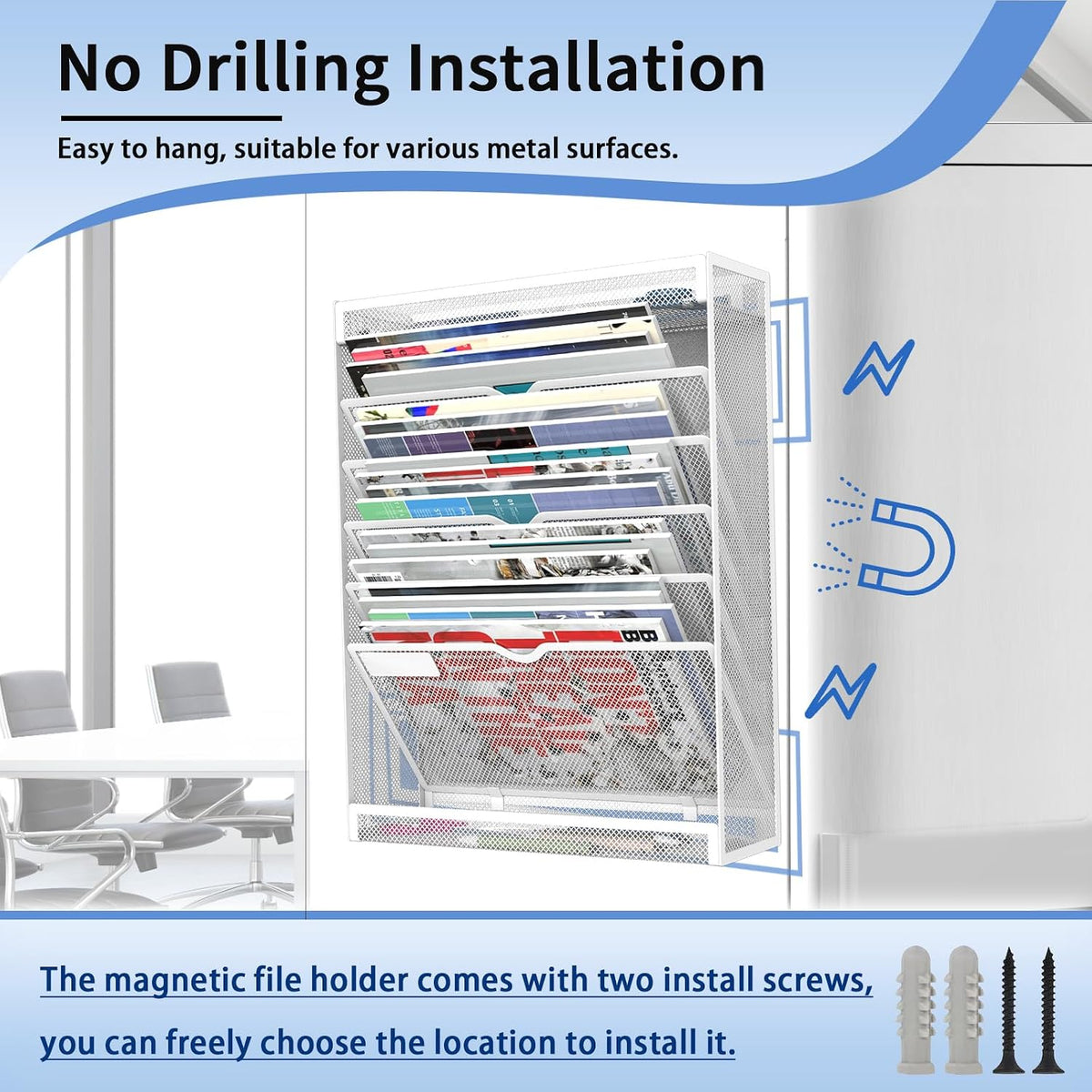 7 Tier Magnetic File Holder, No Drilling Wall File Organizer for File Cabinet...