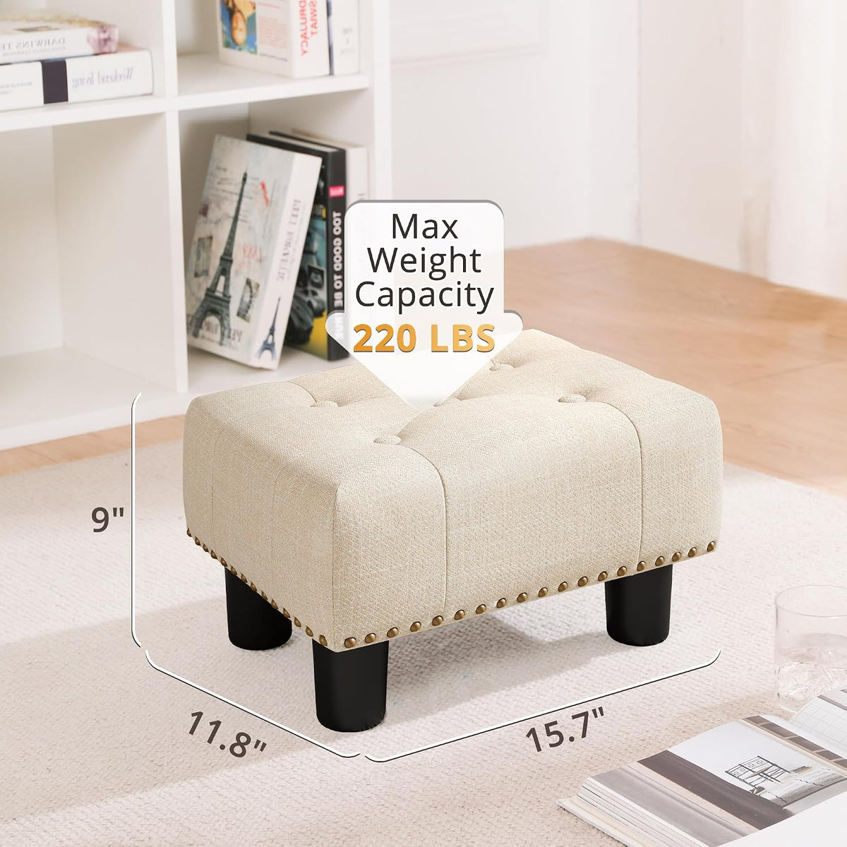 LUE BONA Small Tufted Foot Stool, Beige Linen Rivet Tufted Footrest with Plas...