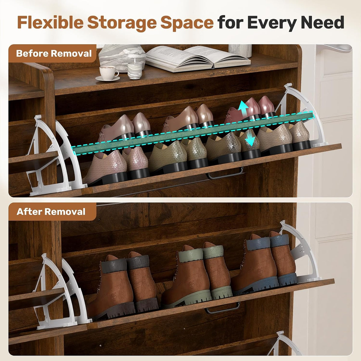 Miereirl Rustic Farmhouse Shoe Cabinet with 2 Flip Drawers, Narrow Entryway S...