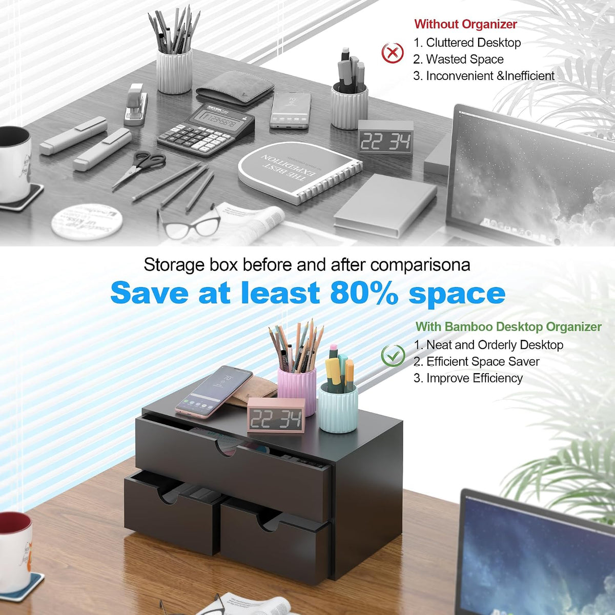 Bamboo Desk Organizer with Drawers Desktop Storage Drawers for Bills Office S...