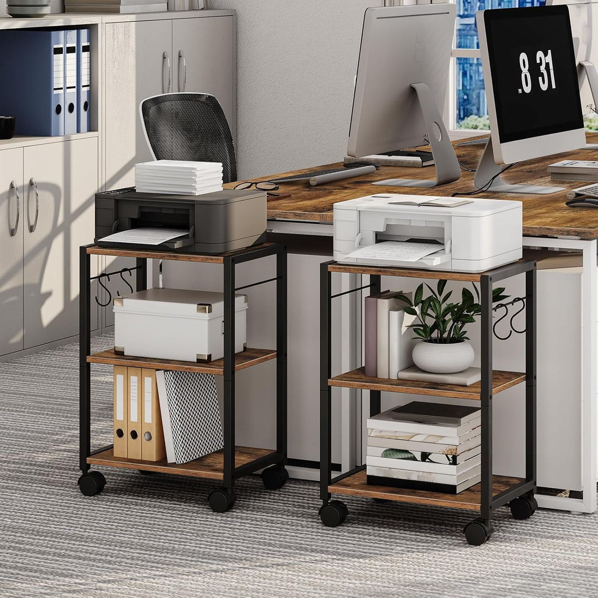 MAHANCRIS Printer Stand, 3-Tier Under Desk Rolling Cart with Storage Shelf, H...