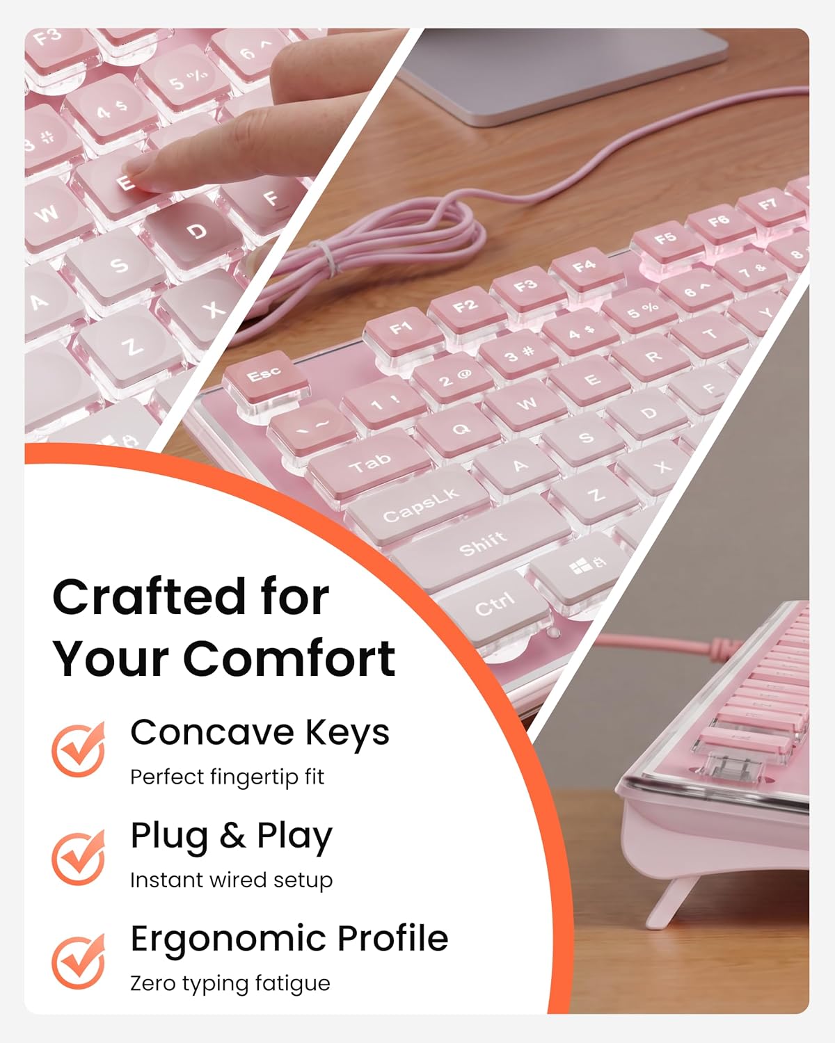 Wired Keyboard with White Backlight Pudding Keycaps, Pink-Pink Gradient