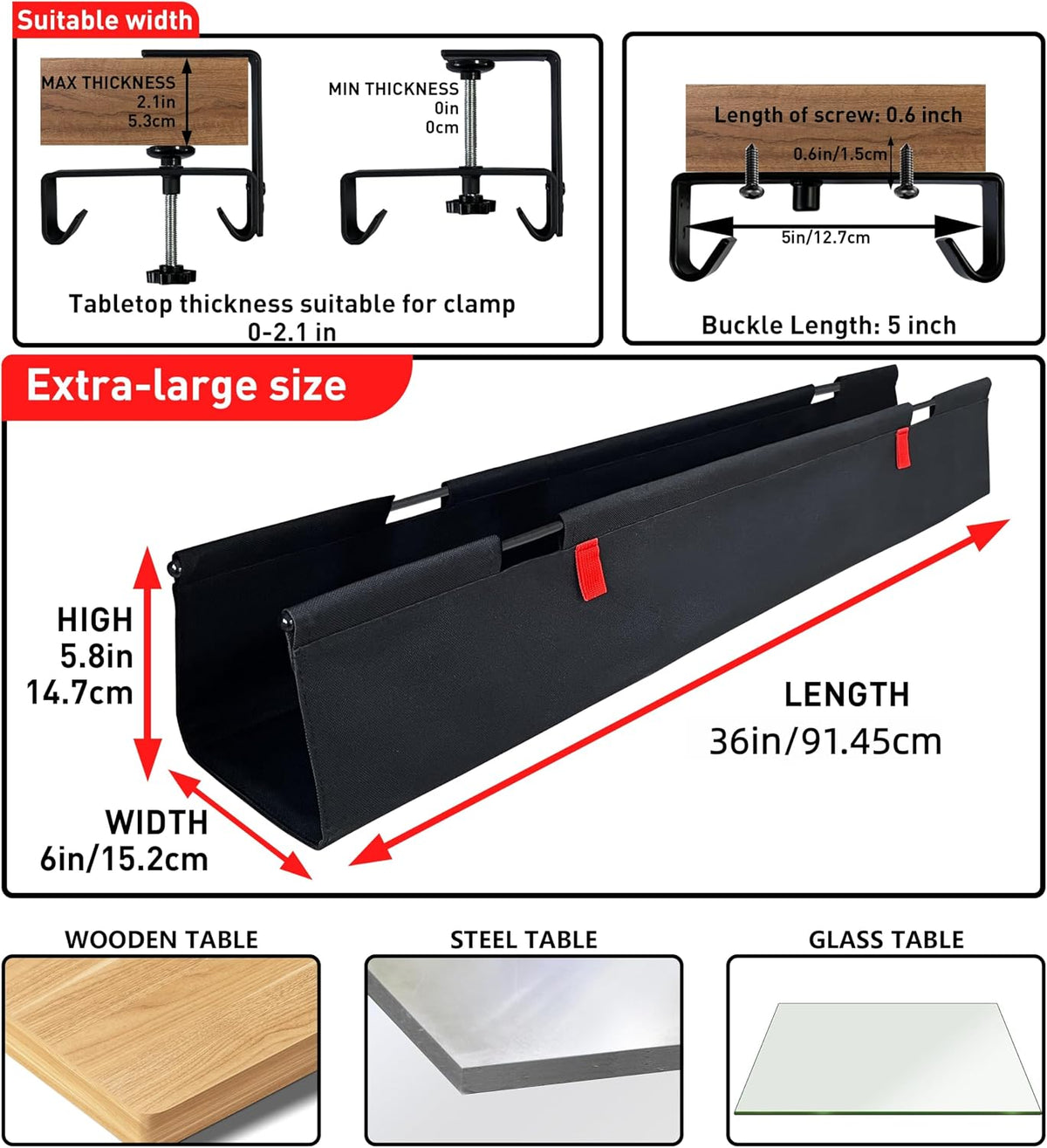 No Drill Under Desk Cable Management Tray, 36" Desk Cable Organizer