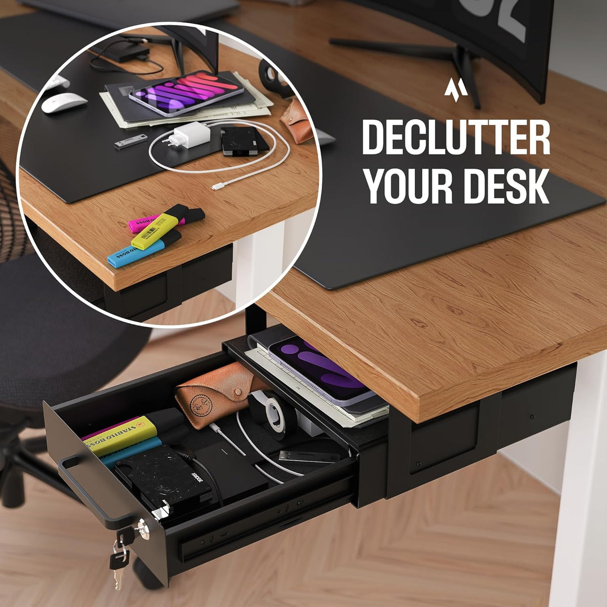 Under Desk Drawer Slide-Out – Lockable Metal Storage Drawer with Cable Manage...