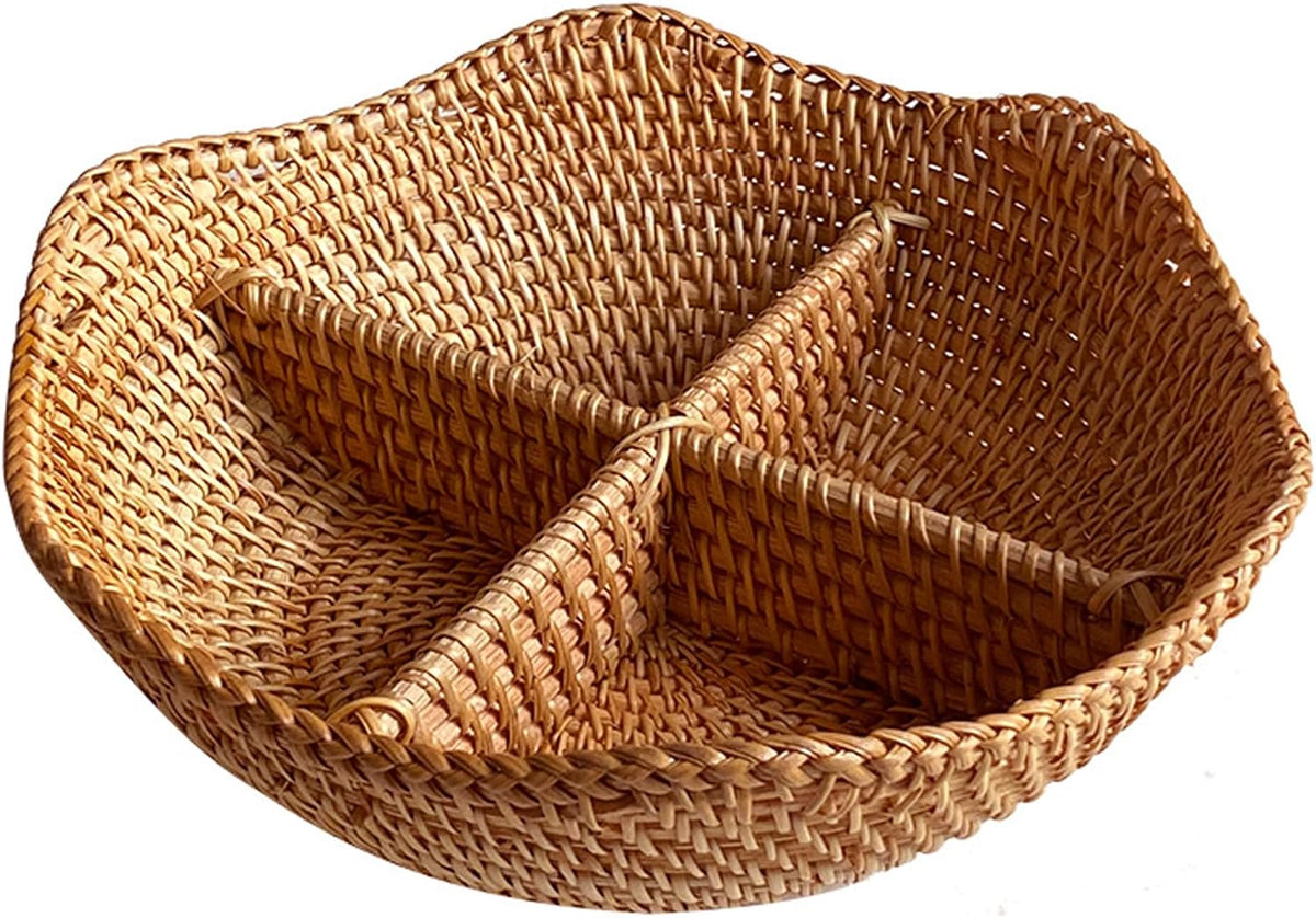 i-lan 11" Divided Rattan Serving Tray, 4-Compartment Woven Snack Bowl