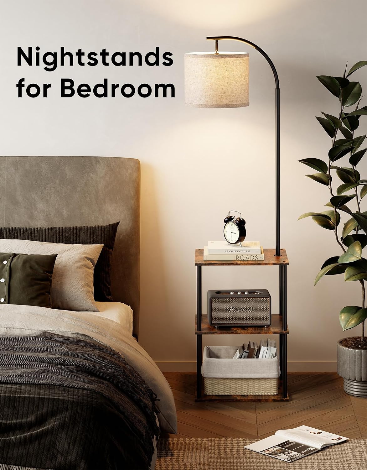 Floor Lamp with Table,Night Stand Lamp,End Side Table for Living Room Brown