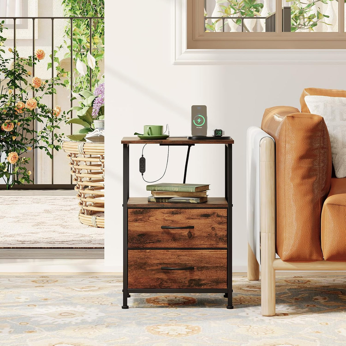 Somdot Nightstands Set of 2 with 2 Drawers, Charging Station & LED Light